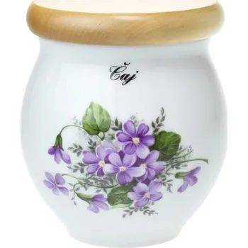 Dóza na potraviny Český porcelán, Dubí Dóza Baňák 400 ml se dřevěným víčkem "Čaj" fialky