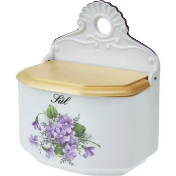Dóza na potraviny Český porcelán, Dubí Slánka / dóza závěsná se dřevěným víčkem nápis "SŮL" fialky - 700 ml
