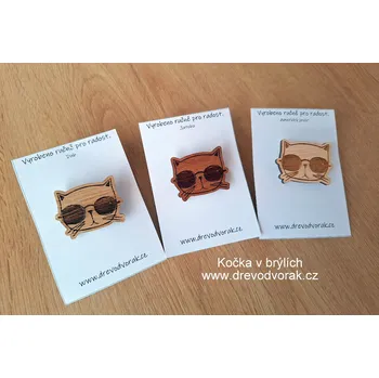 Brož Dřevěná brož KOČKA V BRÝLÍCH Varianta: Americký javor