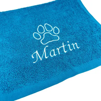 Obleček pro psa Ručník Psí tlapka s vlastním jménem nebo textem Barva: Tmavě modrá, Velikost ručníku: 30x50cm