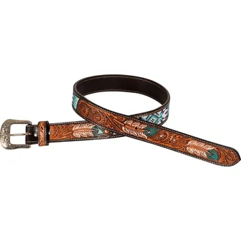 Opasek Unisex westernový opasek s korálky a gravírováním peřím, 44" - 110cm, přírodní/bílá/tyrkys