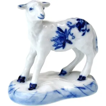 Figurka Český porcelán, Dubí Jehně na podstavci s hlavou nahoru (figurka z Betléma) 7,5 x 7 x 4,5 cm - cibulák