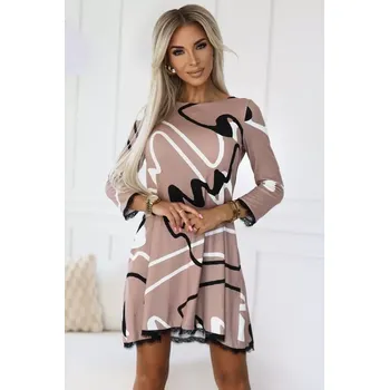 Dámské šaty Dámské svetrové šaty Numoco s páskem 577-1 BÉŽOVÁ S ČERNOBÍLÝM VZOREM S/M, L/XL, 2XL/3XL