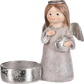 Svícen Autronic Andílek šedý, stříbrná křídla a srdíčko, polyresin, pro vložení čajové/LED svíčky