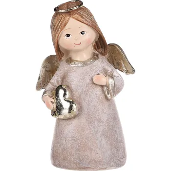 Vánoce Autronic Andílek stojící hnědý, zlatá křídla a srdíčko v rukou, polyresin