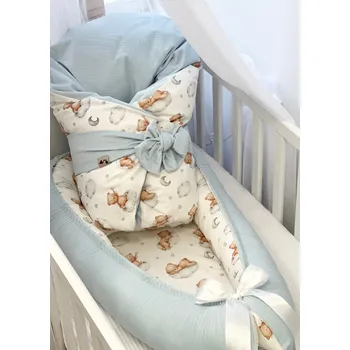 Příslušenství pro dětskou postel a kolébku Set do postýlky - světle modrý se spícími medvídky