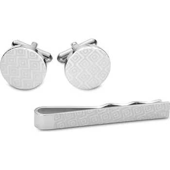Manžetový knoflíček Sada kravatové spony a manžetových knoflíčků ve stříbrné barvě s&nbsp;geometrickým vzorem - Trendhim