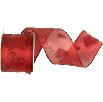 Stuha Stuha organzová RED HEART červená 40mm x 2m (14,-Kč/m) (Stuha organzová, průsvitná, oboustranná, červená srdce, s vlascem v lemu)