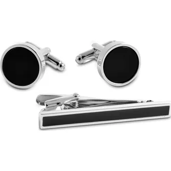 Manžetový knoflíček Sada kravatové spony a manžetových knoflíčků ve stříbrné a černé barvě - Trendhim