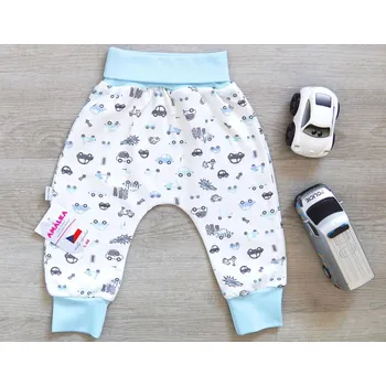 AMÁLKA Bavlněné, rostoucí kalhoty, modré autíčka Velikost: 92-98