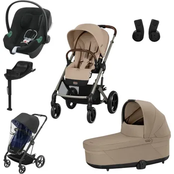 Kočárek CYBEX akční set Balios S Lux Almond Beige + korba + autosedačka Aton B2+ báze + pláštěnka + adaptéry