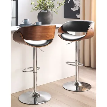 Barová židle Sada 2 barových židlí tmavé dřevo černá umělá kůže stříbrné nohy nastavitelná výška otočná moderní styl Beliani