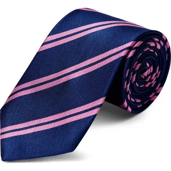 Kravata Námořnicky modrá hedvábná kravata s dvojitým růžovým proužkem 8 cm - Trendhim