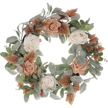 umělá květina Autronic Věnec podzimní, ojíněná zeleň s růžemi, průměr 50 cm