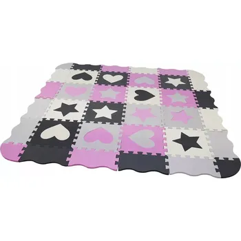 Pěnové puzzle podložka šedo‑růžová s motivem srdcí a hvězd 28 × 28 cm