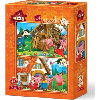 Puzzle ART PUZZLE tři prasátka – sada 2 puzzle (24 a 35 dílků), 34 × 24 cm