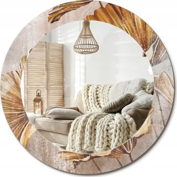 Zrcadlo Kulaté moderní zrcadlo na stěnu s potiskem na skle, průměr 60 cm, Boho motiv listů