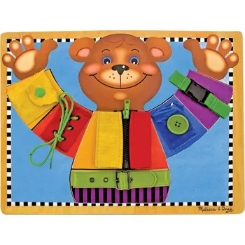 Dřevěná hračka Motorická tabule s medvídkem na oblékání MELISSA & DOUG