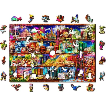 Puzzle Dřevěné oboustranné puzzle WOODEN CITY – police na knihy o cestování, 505 dílků