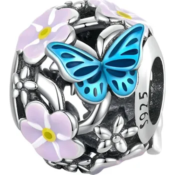 Přívěsek 4U Stříbrný přívěsek korálek modrý motýl a růžové květy