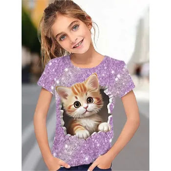 Dívčí tričko Roztomilé dívčí tričko s potiskem kočičky - fialové, růžové, modré Barva: fialová (S35TX2639), Velikost: 150