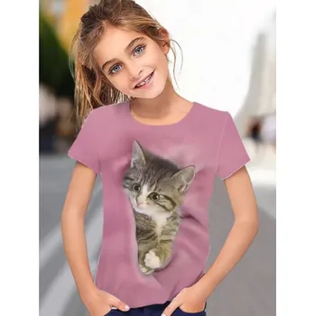 Roztomilé dívčí tričko s potiskem kočičky - fialové, růžové, modré, šedé Barva: růžová (S35TX2641), Velikost: 150