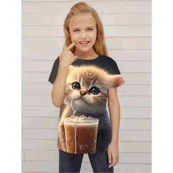 Dívčí tričko Roztomilé dívčí tričko s potiskem kočičky - různé potisky Barva: kočička s pohárkem (S35TX2647), Velikost: 130