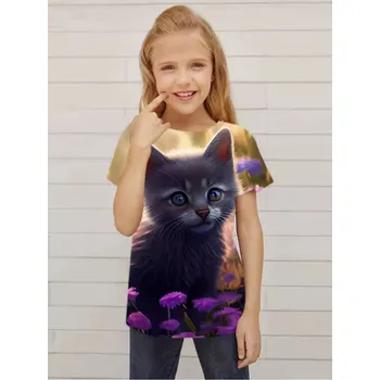 Roztomilé dívčí tričko s potiskem kočičky - různé potisky Barva: kočička na louce (S35TX2646), Velikost: 150