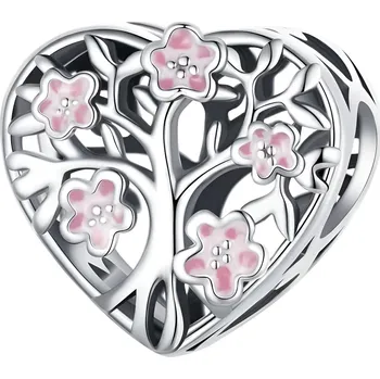 Přívěsek 4U Stříbrný přívěsek korálek srdce strom života s růžovými květy