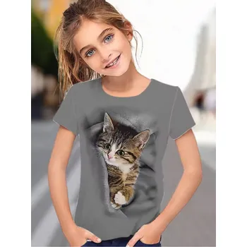 Roztomilé dívčí tričko s potiskem kočičky - fialové, růžové, modré, šedé Barva: šedá (S35TX2643), Velikost: 110