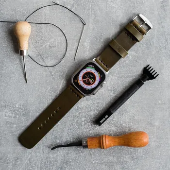 Řemínek na hodinky KOŽENÝ ŘEMÍNEK NA APPLE WATCH ULTRA - OLIVOVÝ STŘÍBRNÝ Vidra Brand