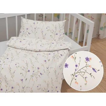 Povlečení Dětské bavlněné povlečení do postýlky Sandra SA-382 Fialové luční kvítí na krémovém Do postýlky 100x135 a 40x60 cm