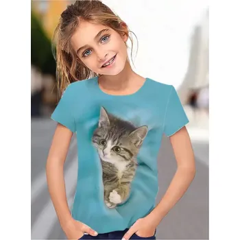 Roztomilé dívčí tričko s potiskem kočičky - fialové, růžové, modré, šedé Barva: modrá (S35TX2642), Velikost: 120