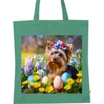 BIO plátěná taška s potiskem Jorkšírek na velikonoční louce