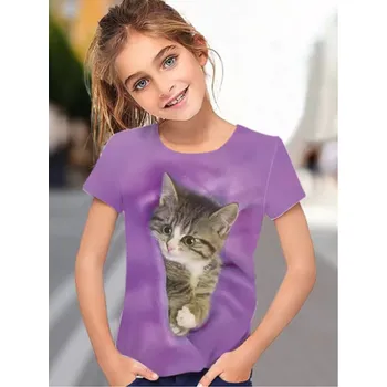 Roztomilé dívčí tričko s potiskem kočičky - fialové, růžové, modré, šedé Barva: fialová (S35TX2640), Velikost: 120