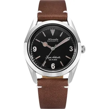Hodinky Nivada Grenchen Super Antarctic 3.6.9 Black Vintage - Brown Leather White Stitching + 5 let záruka a dárek ZDARMA