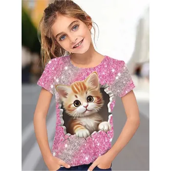Dívčí tričko Roztomilé dívčí tričko s potiskem kočičky - fialové, růžové, modré Barva: růžová (S35TX2637), Velikost: 100
