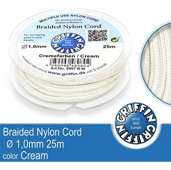 Braided NYLON (splétaná nit na náramky) GRIFFIN síla nitě 1mm cívka 25m. Barva Cream.