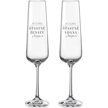 Sklenice Svatební skleničky na sekt Šťastně vdaná/ženatý, 2 ks (Do poznámky v nákupním košíku napište jména novomanželů a datum svatby)