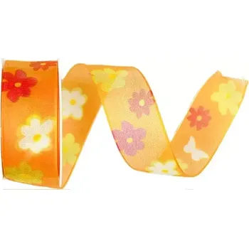 Stuha Stuha taftová SPRING ORANGE 25mm x 2,5m (10,-Kč/m) (Jarní stuha taftová, transparentní, oboustranný potisk, s vlascem v lemu)