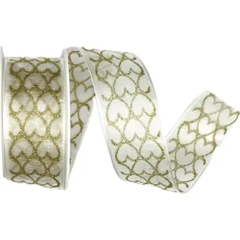 Stuha Stuha srdce & láska HEART WHISPER GOLD svatební, zamilovaná, romantická, valentýnská, zlatá 25mm x 2m (16,-Kč/m) ( Stuha svatební, zamilovaná, romantická, valentýnská, organzová, jemný potisk srdce, s vetkaným vlascem)