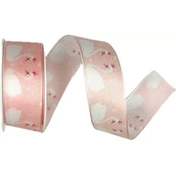 Stuha Stuha svatební SWAN LOVE růžová 25mm x 2m(12,-Kč/m) (Stuha taftová, potisk labutí, jednostranný potisk, s vlascem v lemu)