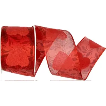 Stuha Svatební stuha FIDELITY RED červená 40mm x 2m (15,-Kč/m) (Stuha svatební, valentýnská, červená, oboustranná, potisk sametové srdce, s vlascem v lemu)