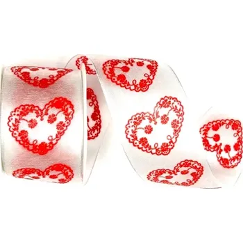 Stuha Stuha svatební organzová DESIRE bílá 40mm x 2m (15,-Kč/m) (Stuha svatební, organzová, bílá, červený potisk, oboulící, s drátkem)