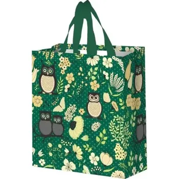 Taška svačinová, nákupní zelená, Sovy 34x30 cm (Eko taška se sovami)