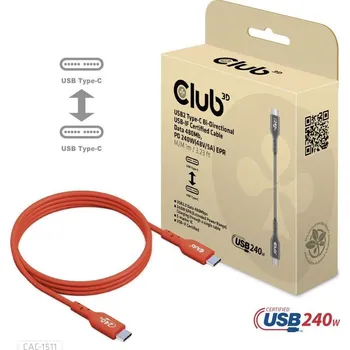 Datový kabel Club3D kabel USB-C, Oboustranný USB-IF Certifikovaný data kabel, PD 240W(48V/5A) EPR M/M 1m