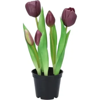 umělá květina 5ks fialový realistický tulipán Tulips v květináčku - Ø 8*7/ 26 cm