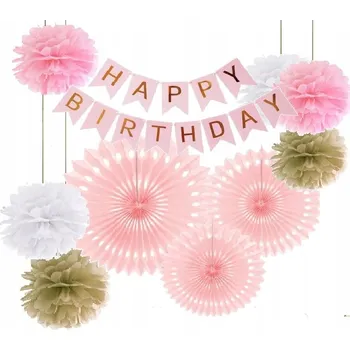 Sada na narozeniny GIRLANDA BANNER RŮŽOVÉ ZLATÁ bambule