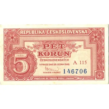 ČESKOSLOVENSKO. 5 korun 1949. Série A 115. Hej. 83a3.