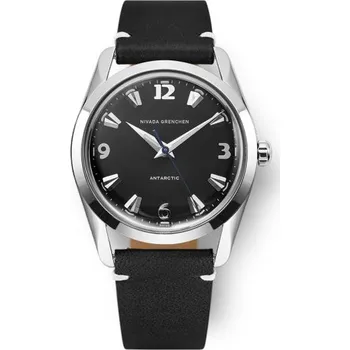 Hodinky Nivada Grenchen Antarctic 35 mm - Black White Luminova - Black leather White Stitching + 5 let záruka a dárek ZDARMA